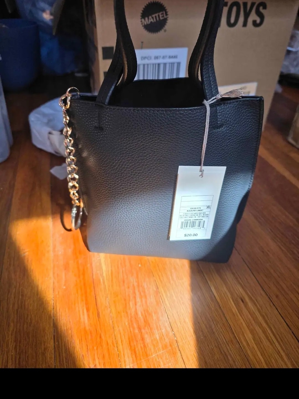 a new day Black Pebbled Tote with Gold Chain Accent